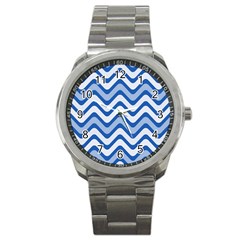 Background Of Blue Wavy Lines Sport Metal Watch by Simbadda