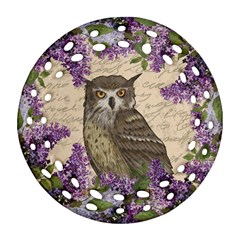 Vintage Owl And Lilac Round Filigree Ornament (two Sides) by Valentinaart