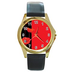 Flower Floral Red Back Sakura Round Gold Metal Watch