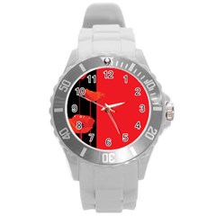 Flower Floral Red Back Sakura Round Plastic Sport Watch (L)