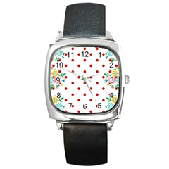 Flower Floral Polka Dot Orange Square Metal Watch