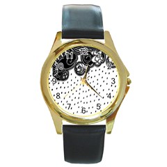 Batik Rain Black Flower Spot Round Gold Metal Watch