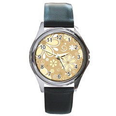 Flower Floral Star Sunflower Grey Round Metal Watch by Mariart