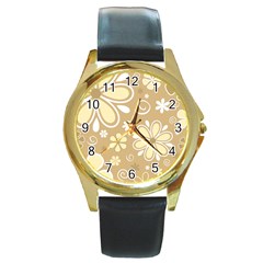 Flower Floral Star Sunflower Grey Round Gold Metal Watch