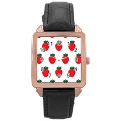 Fruit Strawberries Red Green Rose Gold Leather Watch 
