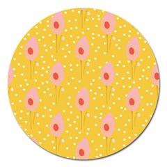 Flower Floral Tulip Leaf Pink Yellow Polka Sot Spot Magnet 5  (round)