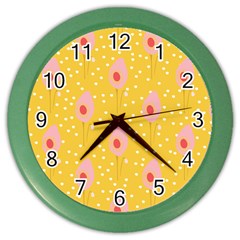 Flower Floral Tulip Leaf Pink Yellow Polka Sot Spot Color Wall Clocks