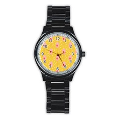 Flower Floral Tulip Leaf Pink Yellow Polka Sot Spot Stainless Steel Round Watch by Mariart