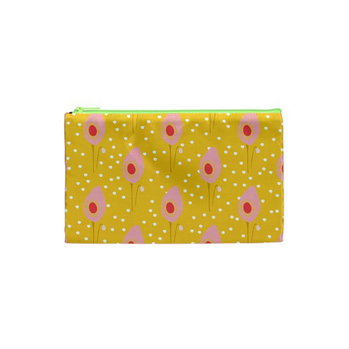 Flower Floral Tulip Leaf Pink Yellow Polka Sot Spot Cosmetic Bag (XS)