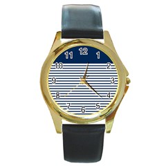 Horizontal Stripes Blue White Line Round Gold Metal Watch