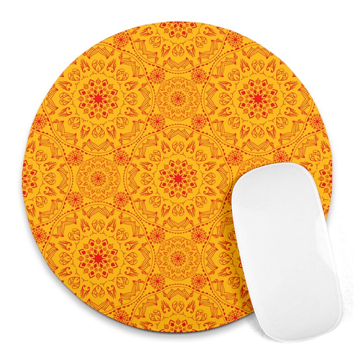 Solar mandala. Orange rangoli. Round Mousepad