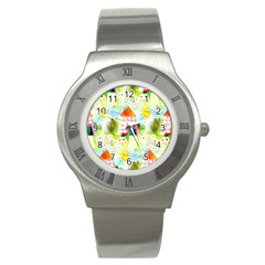 Summer House And Garden A Completely Seamless Tile Able Background Stainless Steel Watch by Simbadda