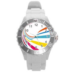 Line Rainbow Orange Blue Yellow Red Pink White Wave Waves Round Plastic Sport Watch (l) by Mariart
