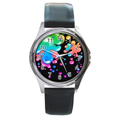 Neon Paint Splatter Background Club Round Metal Watch by Mariart