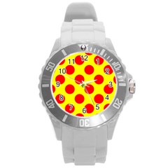 Polka Dot Red Yellow Round Plastic Sport Watch (L)