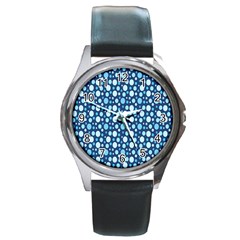 Polka Dot Blue Round Metal Watch by Mariart