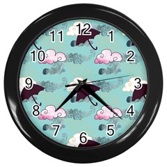 Rain Clouds Umbrella Blue Sky Pink Wall Clocks (black)