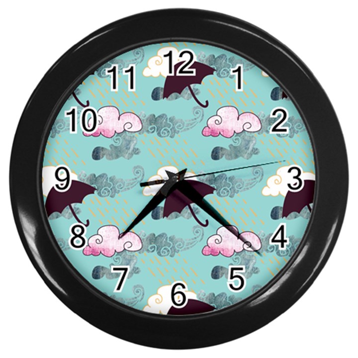 Rain Clouds Umbrella Blue Sky Pink Wall Clocks (Black)