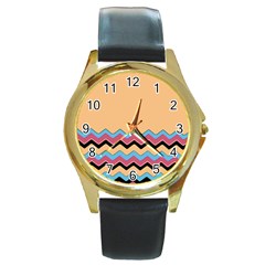 Chevrons Patterns Colorful Stripes Background Art Digital Round Gold Metal Watch by Simbadda