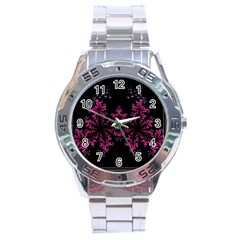 Violet Fractal On Black Background In 3d Glass Frame Stainless Steel Analogue Watch by Simbadda