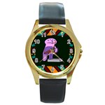 Owl A Colorful Modern Illustration For Lovers Round Gold Metal Watch Front