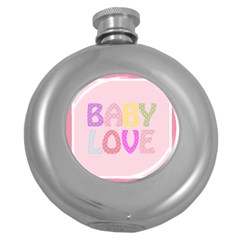 Pink Baby Love Text In Colorful Polka Dots Round Hip Flask (5 Oz)