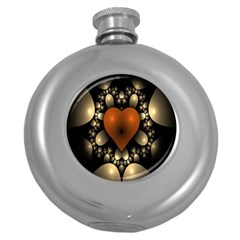 Fractal Of A Red Heart Surrounded By Beige Ball Round Hip Flask (5 Oz)