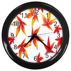 Colorful Autumn Leaves On White Background Wall Clocks (black) by Simbadda