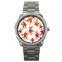 Colorful Autumn Leaves On White Background Sport Metal Watch by Simbadda