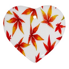 Colorful Autumn Leaves On White Background Heart Ornament (two Sides) by Simbadda