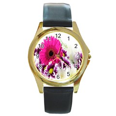 Pink Purple And White Flower Bouquet Round Gold Metal Watch by Simbadda