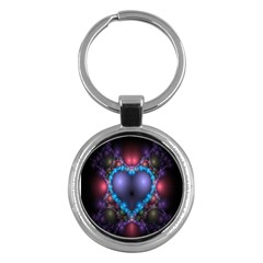 Blue Heart Fractal Image With Help From A Script Key Chains (round)  by Simbadda