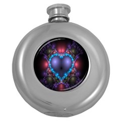 Blue Heart Fractal Image With Help From A Script Round Hip Flask (5 oz)