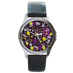 Flowers Floral Background Colorful Vintage Retro Busy Wallpaper Round Metal Watch