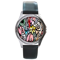 Digitally Painted Abstract Doodle Texture Round Metal Watch