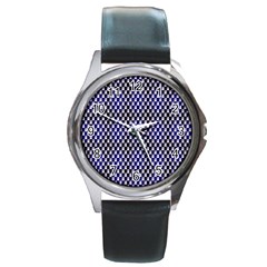 Squares Blue Background Round Metal Watch