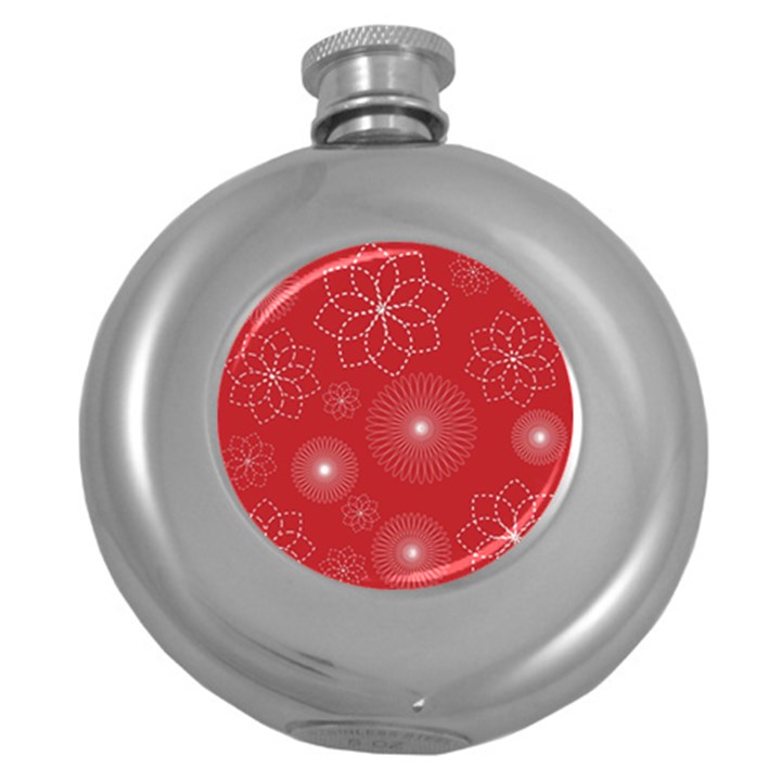 Floral Spirals Wallpaper Background Red Pattern Round Hip Flask (5 oz)