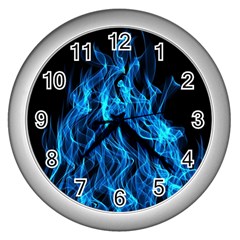 Digitally Created Blue Flames Of Fire Wall Clocks (silver) 