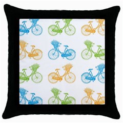 Vintage Bikes With Basket Of Flowers Colorful Wallpaper Background Illustration Throw Pillow Case (black) by Simbadda