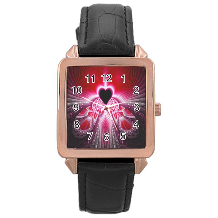 Illuminated Red Hear Red Heart Background With Light Effects Rose Gold Leather Watch 