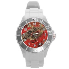 Red Gold Black Background Round Plastic Sport Watch (l) by Simbadda