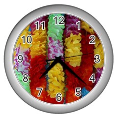 Colorful Hawaiian Lei Flowers Wall Clocks (silver) 