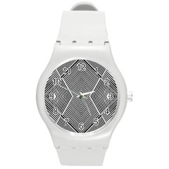 Black And White Line Abstract Round Plastic Sport Watch (m) by Simbadda