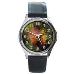 Abstract Brush Strokes In A Floral Pattern  Round Metal Watch