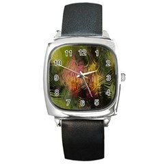 Abstract Brush Strokes In A Floral Pattern  Square Metal Watch