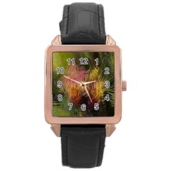 Abstract Brush Strokes In A Floral Pattern  Rose Gold Leather Watch 