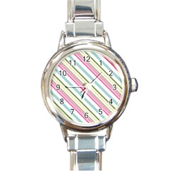 Diagonal Stripes Color Rainbow Pink Green Red Blue Round Italian Charm Watch by Mariart