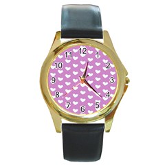 Heart Love Valentine White Purple Card Round Gold Metal Watch by Mariart