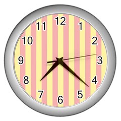 Pink Yellow Stripes Line Wall Clocks (silver)  by Mariart