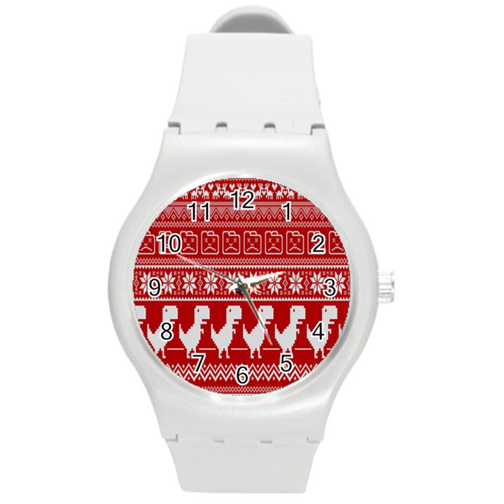 Red Dinosaur Star Wave Chevron Waves Line Fabric Animals Round Plastic Sport Watch (M)